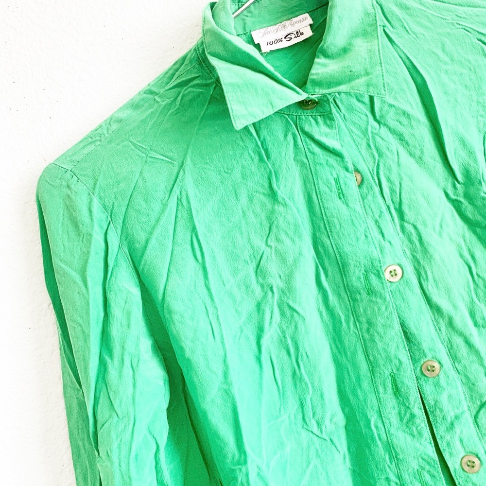VINTAGE saks 100% silk button up blouse shirt green Small vtg designer top